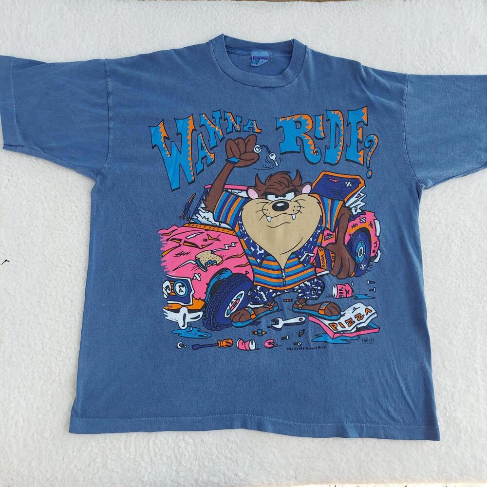 Vintage Freeze Clothing Taz Wanna Ride Looney Tunes T Shirt  XL Blue Original 98